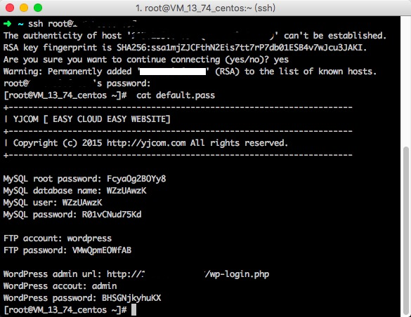 命令cat default.pass查看MySQL、WordPress等相关帐密